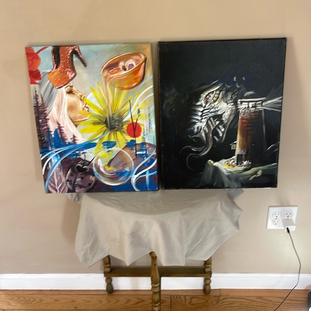 2 Original Abstract Paintings Fantasty Surreal Wall Art Oil Artwork Rare